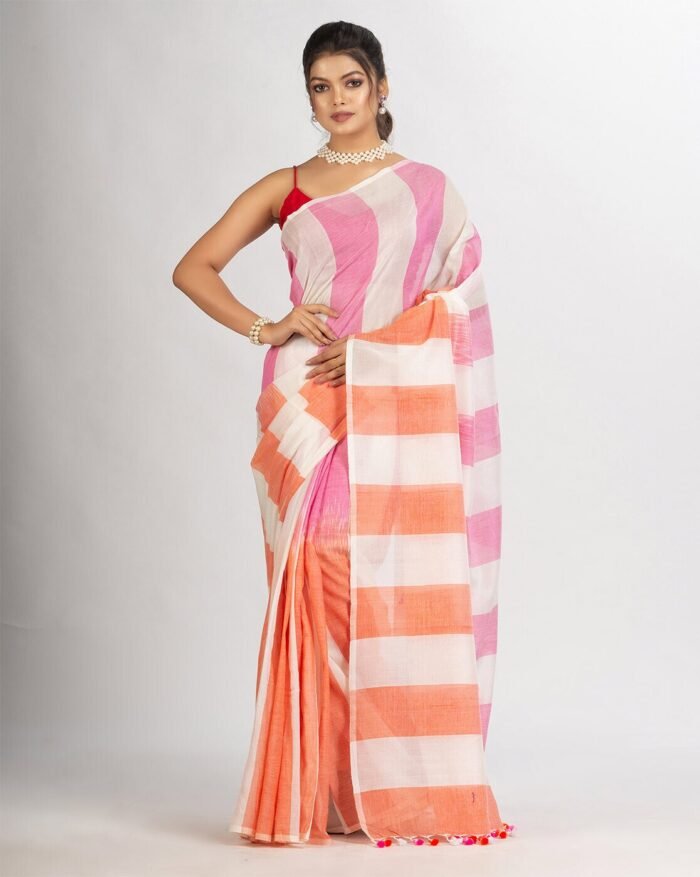 Striped Handloom Saree with Tassels - Image 1