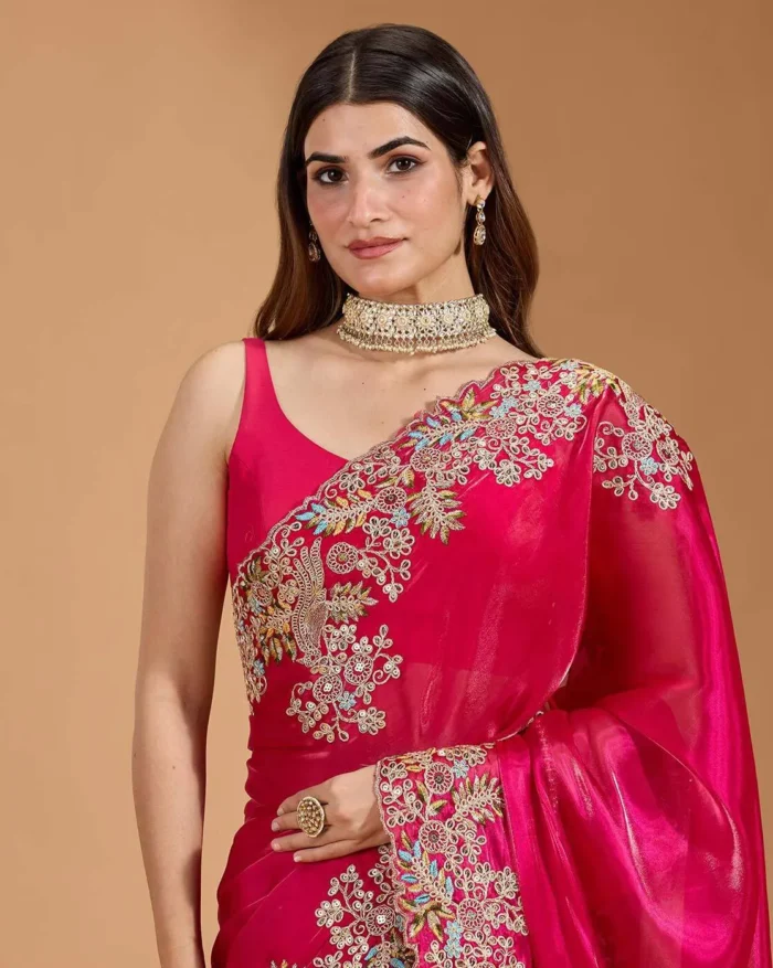 Women Embroidered Saree with Scalloped Border - Image 2