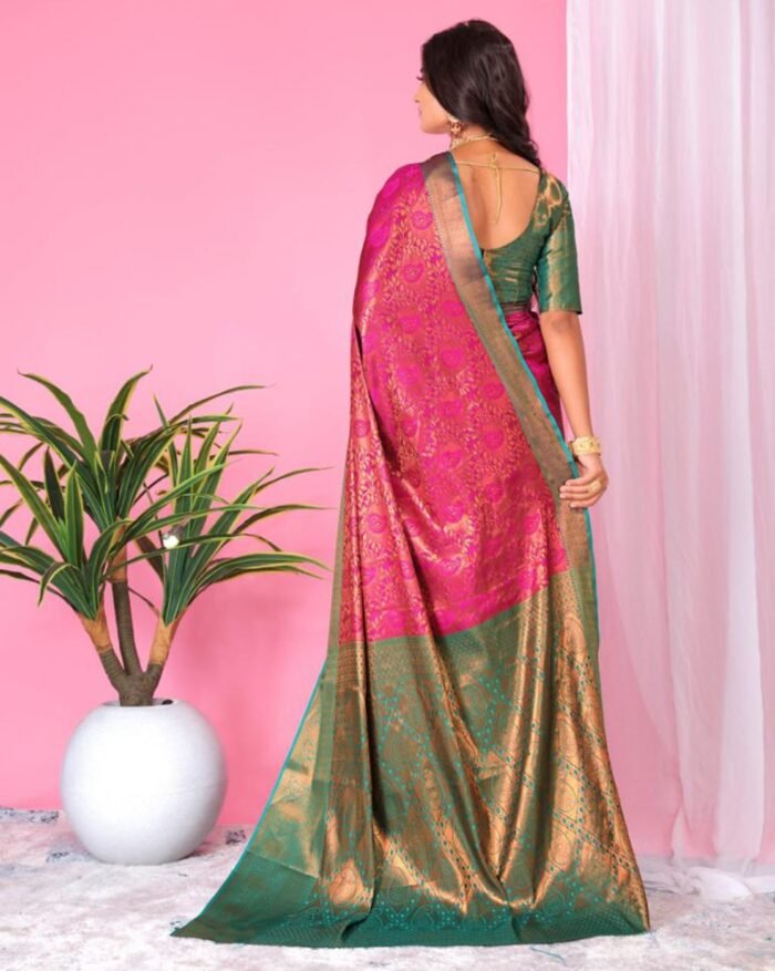 Women Floral Woven Banarasi Saree with Contrast Border - Image 3